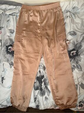 Potter’s Pot Women's Beige Satin Cargo Pants High Rise Tapered Leg Size Large